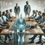 Empresarios en una mesa de trabajo tecnológica con laptops y gráficos digitales sobrepuestos.