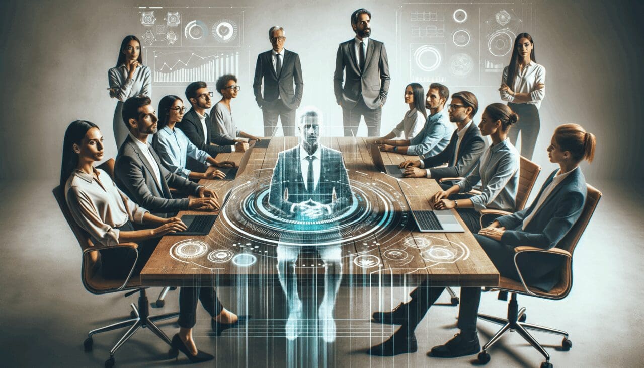 Empresarios en una mesa de trabajo tecnológica con laptops y gráficos digitales sobrepuestos.