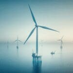 Generador de energía eólica marina en funcionamiento sobre el mar, fondo azul y limpio, ambiente tecnológico.