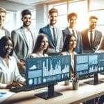 Equipo de jóvenes profesionales trabajando en una oficina moderna y luminosa con pantallas mostrando datos y gráficos.