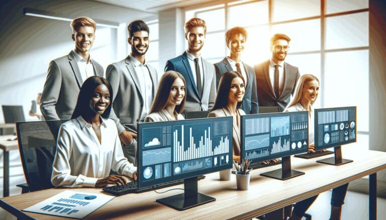 Equipo de jóvenes profesionales trabajando en una oficina moderna y luminosa con pantallas mostrando datos y gráficos.