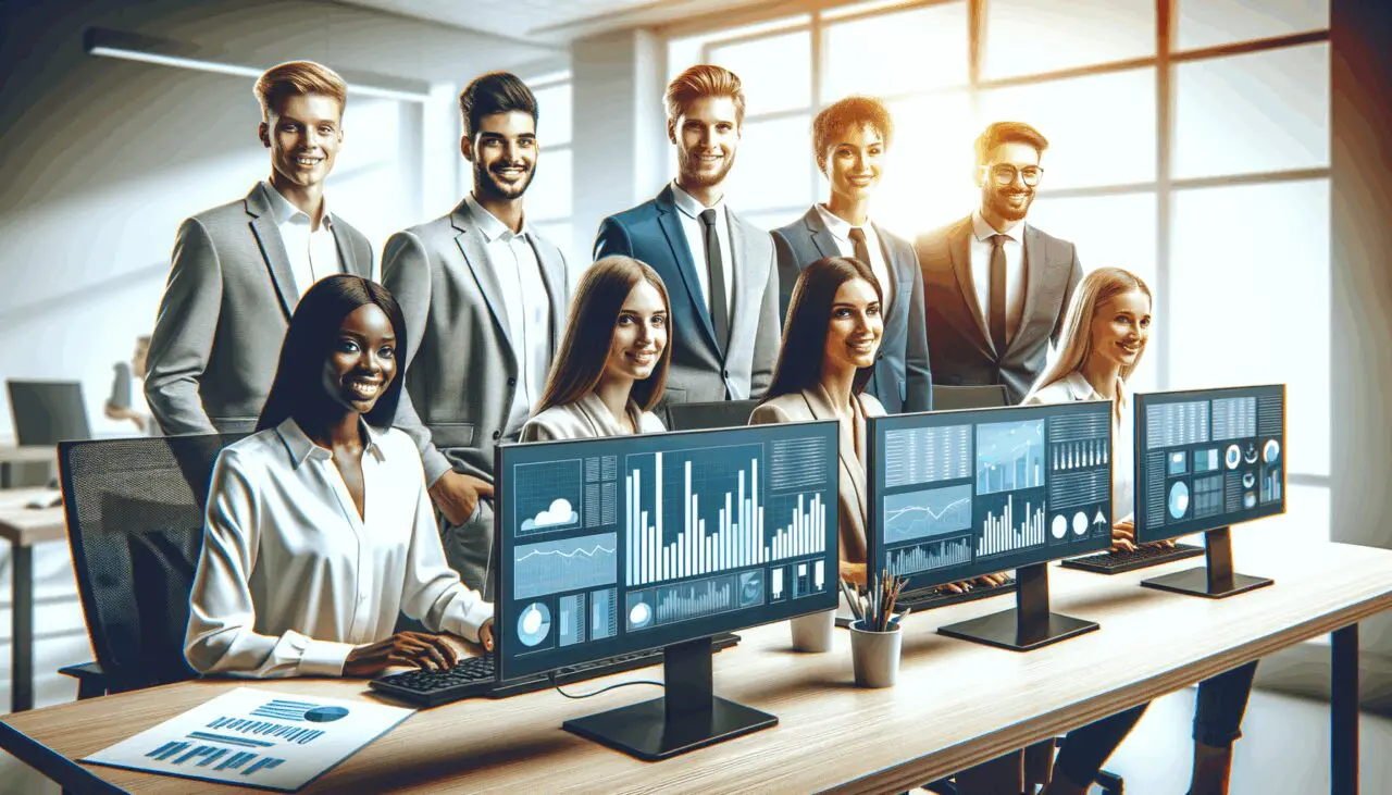 Equipo de jóvenes profesionales trabajando en una oficina moderna y luminosa con pantallas mostrando datos y gráficos.