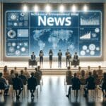 Grupo de emprendedores tecnológicas presentando sus proyectos en un moderno auditorio con pantallas digitales