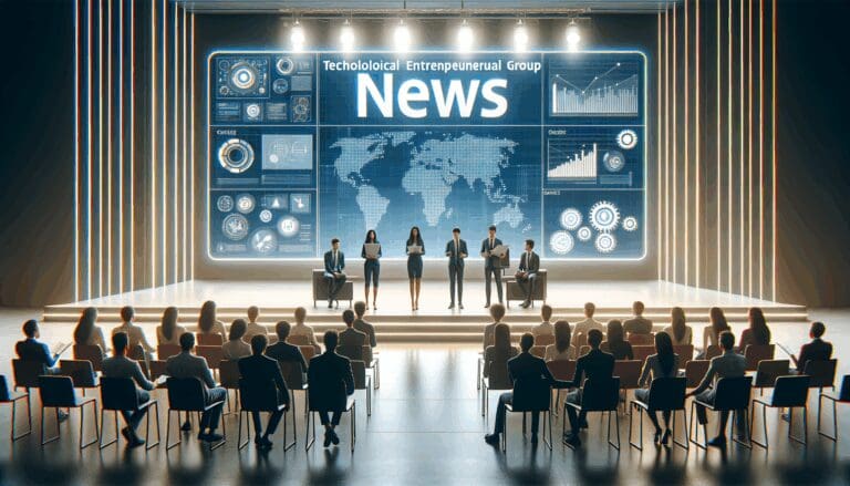 Grupo de emprendedores tecnológicas presentando sus proyectos en un moderno auditorio con pantallas digitales