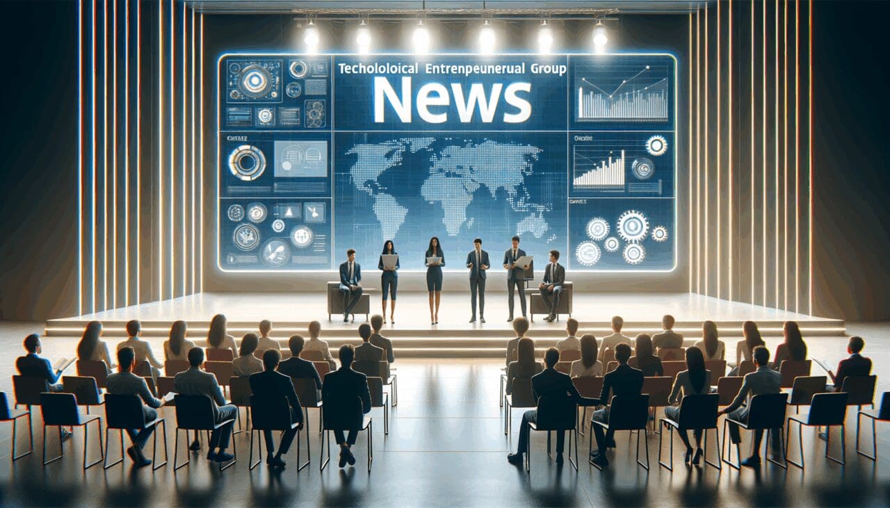 Grupo de emprendedores tecnológicas presentando sus proyectos en un moderno auditorio con pantallas digitales