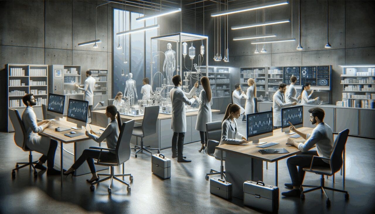 Equipo de jóvenes emprendedores trabajando en laboratorio tecnológico y dispositivos médicos de avanzada.