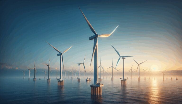 Turbinas eólicas marinas sobre el mar con horizonte claro y cielo azul, en un entorno tecnológico.