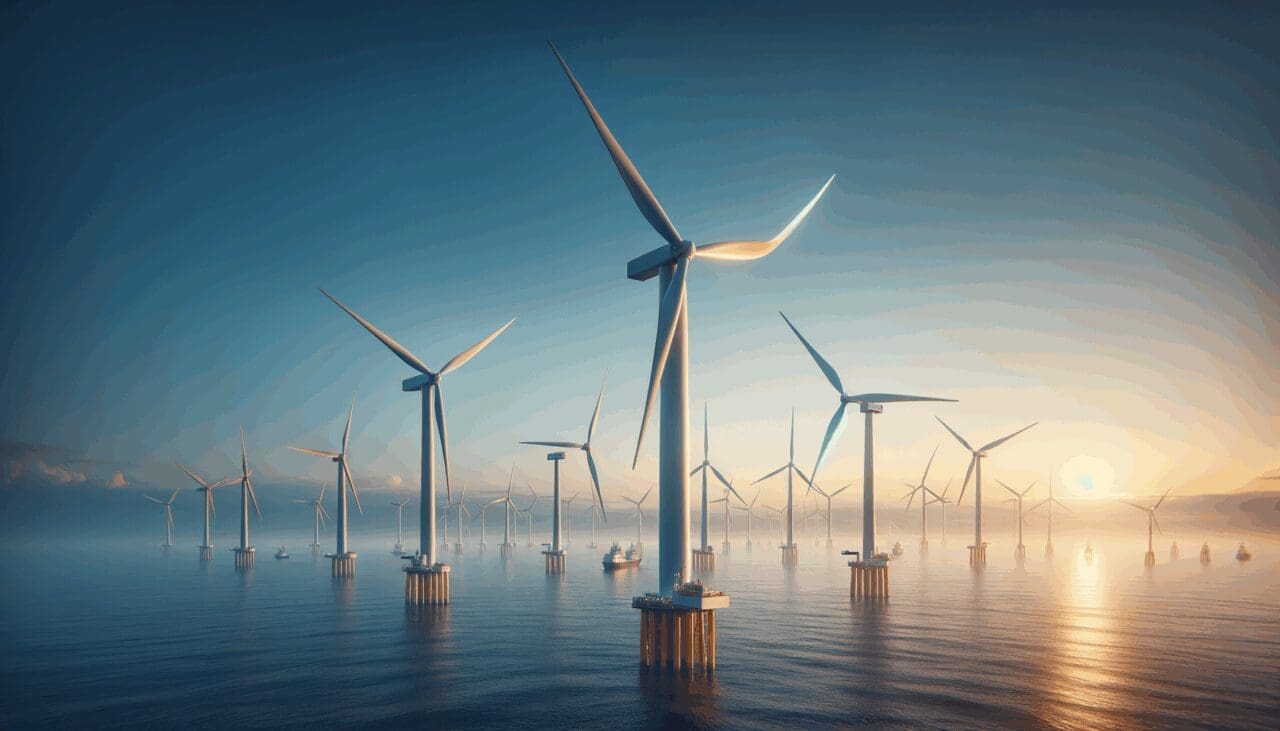 Turbinas eólicas marinas sobre el mar con horizonte claro y cielo azul, en un entorno tecnológico.