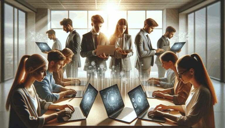 Equipo de una startup joven revisando computadoras portátiles en una oficina moderna y luminosa, con pantallas mostrando gráficos digitales.