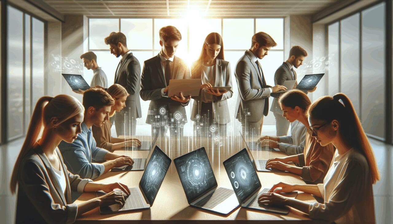 Equipo de una startup joven revisando computadoras portátiles en una oficina moderna y luminosa, con pantallas mostrando gráficos digitales.