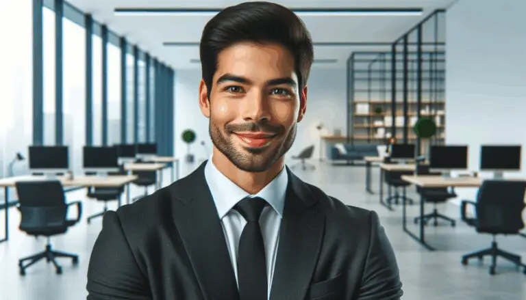 Retrato profesional de un líder tecnológico en una oficina moderna, fondo limpio, ambiente corporativo.