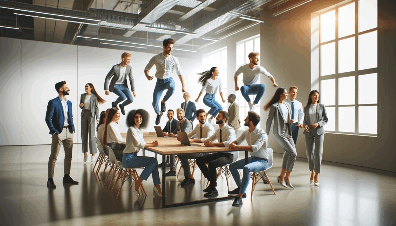 Equipo de emprendedores colaborando en un espacio de coworking moderno y luminoso