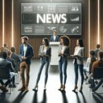 Jóvenes profesionales presentando ideas en un auditorio moderno, con pantallas digitales de fondo.