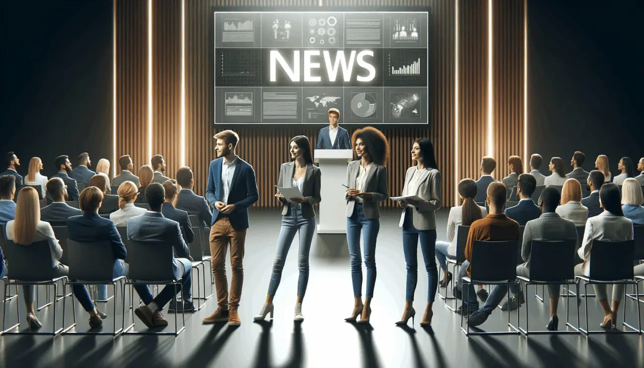 Jóvenes profesionales presentando ideas en un auditorio moderno, con pantallas digitales de fondo.