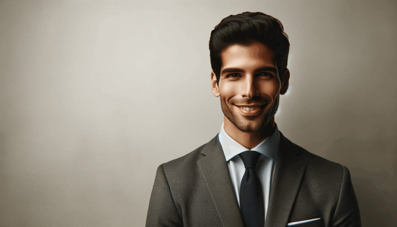 Retrato profesional de un emprendedor sonriente sobre fondo neutro con aire innovador.