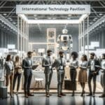 Grupo diverso de emprendedores en un pabellón de tecnología internacional, rodeados de stands modernos y prototipos.