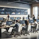 Oficina moderna con jóvenes trabajando en laptops y pantallas con gráficos financieros, ambiente innovador.