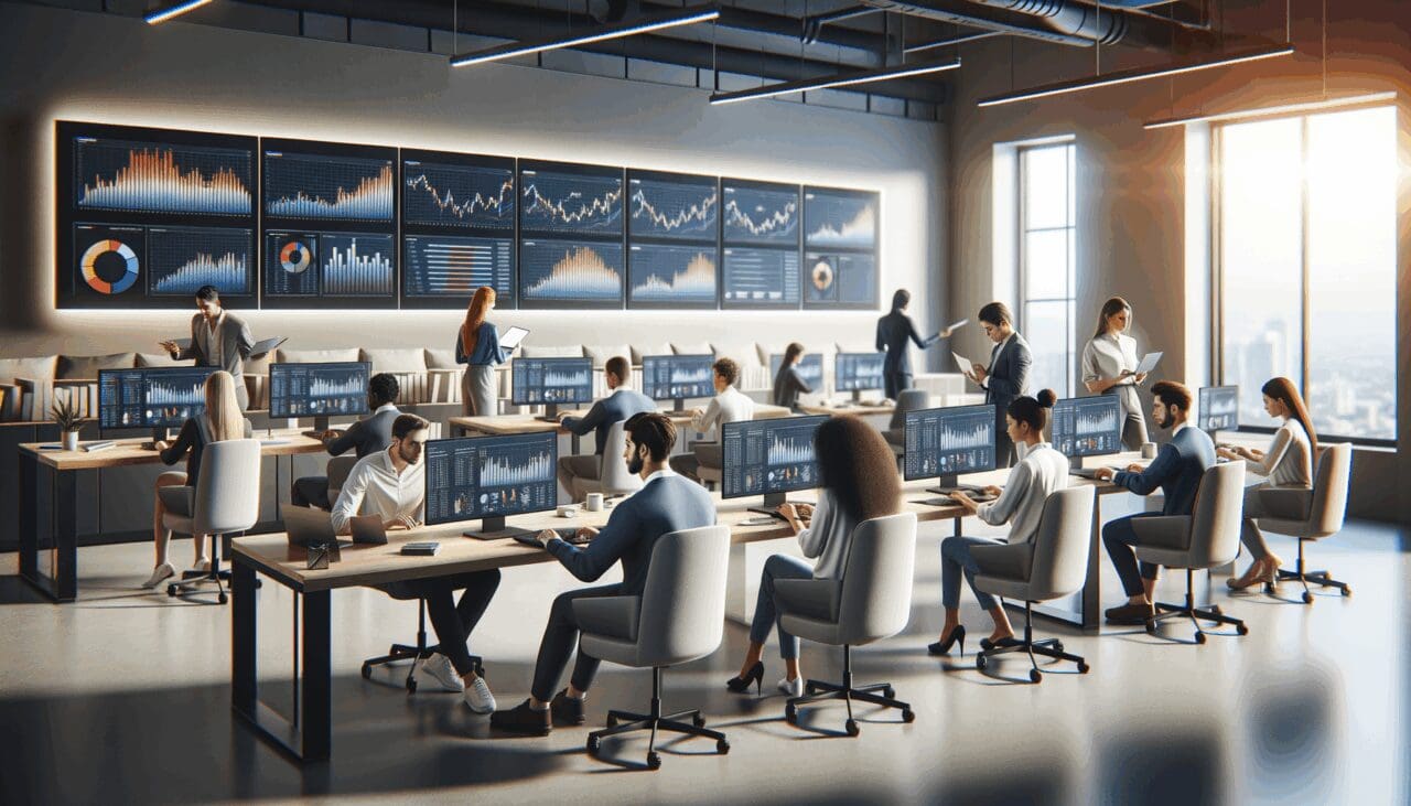 Oficina moderna con jóvenes trabajando en laptops y pantallas con gráficos financieros, ambiente innovador.