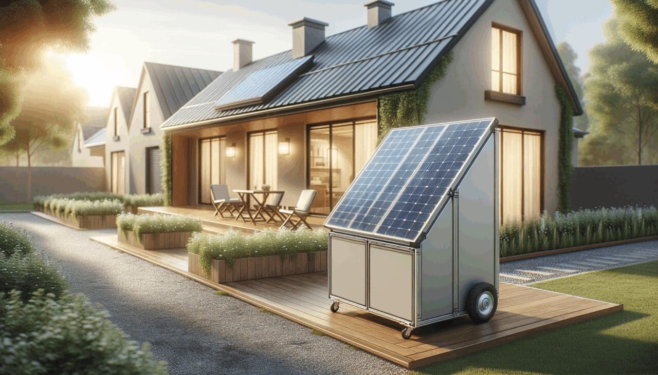 Paneles solares portátiles instalados en el patio de una casa moderna, con luz natural y fondo urbano difuminado.