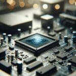 Primer plano de placas de circuitos y microchips sobre una mesa de trabajo tecnológica.