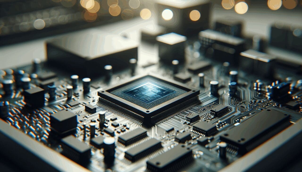 Primer plano de placas de circuitos y microchips sobre una mesa de trabajo tecnológica.