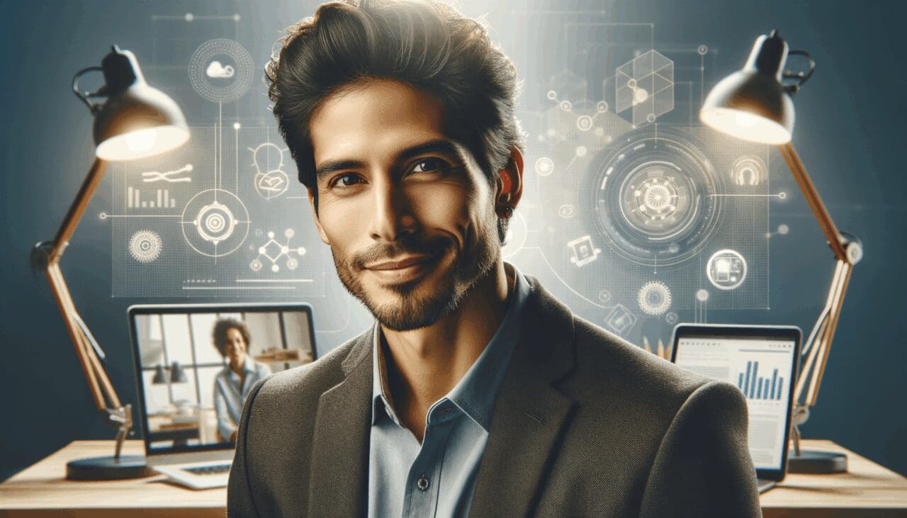 Retrato editorial de un emprendedor en un espacio moderno, rodeado de elementos tecnológicos.