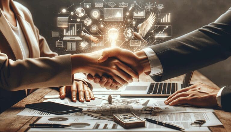 Manos estrechándose sobre una mesa con laptops y documentos, simbolizando acuerdos de inversión en startups.