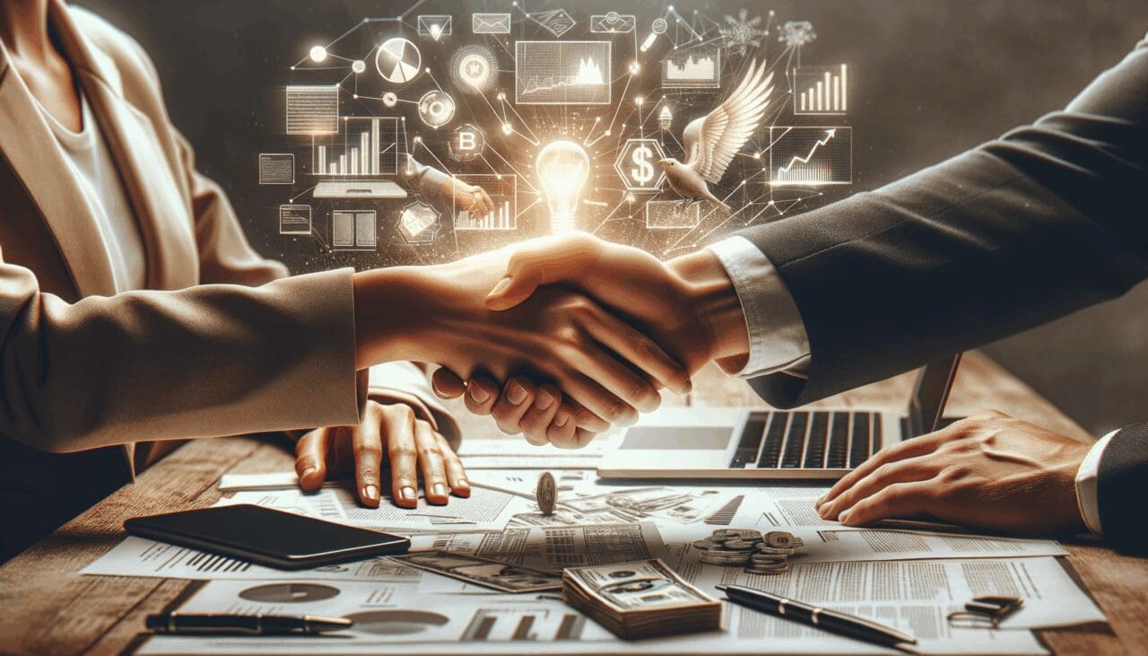 Manos estrechándose sobre una mesa con laptops y documentos, simbolizando acuerdos de inversión en startups.