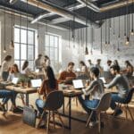 Grupo de emprendedores colaborando en un espacio moderno de coworking con laptops y pizarras al fondo.