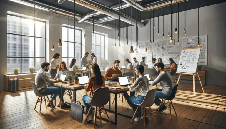 Grupo de emprendedores colaborando en un espacio moderno de coworking con laptops y pizarras al fondo.