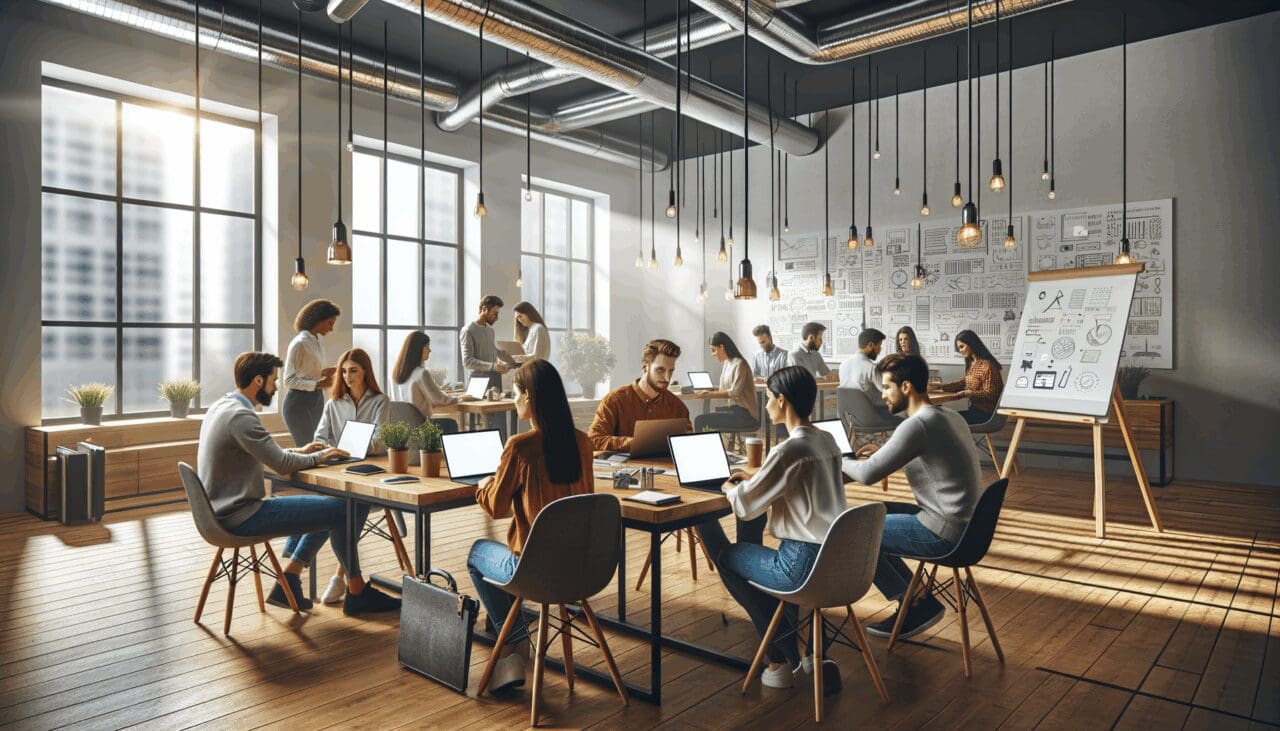 Grupo de emprendedores colaborando en un espacio moderno de coworking con laptops y pizarras al fondo.