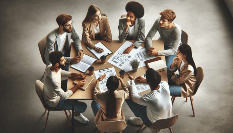 Mesa de trabajo con jóvenes emprendedores discutiendo ideas y revisando documentos de inversión startup.