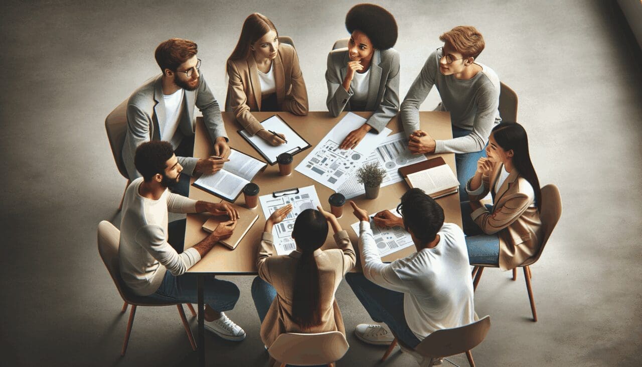 Mesa de trabajo con jóvenes emprendedores discutiendo ideas y revisando documentos de inversión startup.