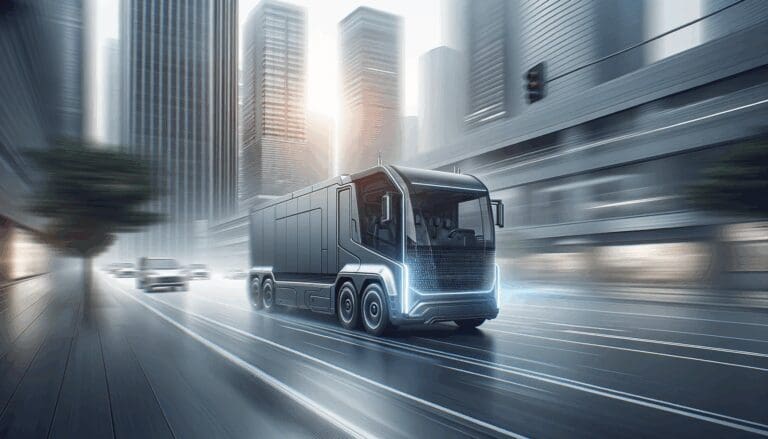 Vehículo moderno circulando en ciudad, fondo desenfocado, enfoque tecnológico y seguro.