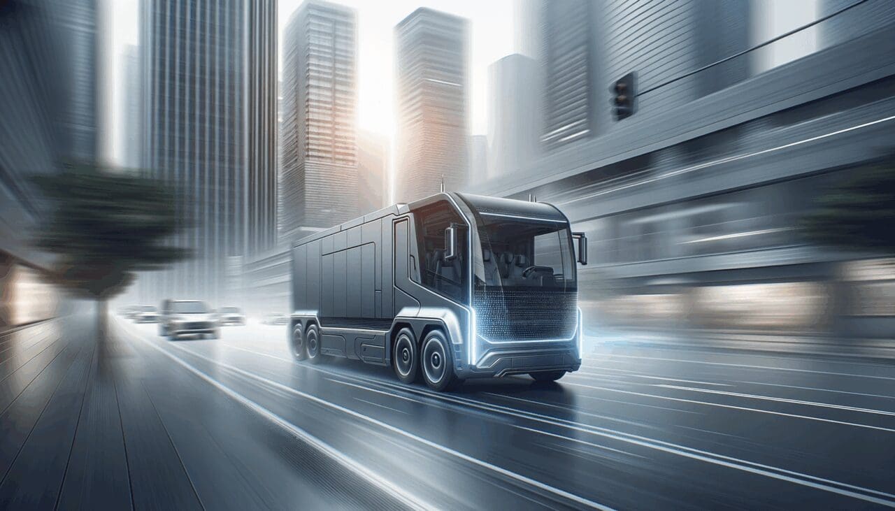 Vehículo moderno circulando en ciudad, fondo desenfocado, enfoque tecnológico y seguro.