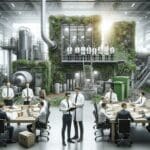 Grupo de ingenieros trabajando en instalaciones de reciclaje orgánico de última generación, rodeados de maquinaria y vegetación.