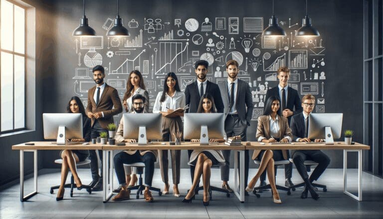 Equipo de jóvenes profesionales trabajando en una oficina moderna, rodeados de ordenadores y pizarras con ideas innovadoras.