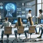 Grupo diverso de jóvenes profesionales trabajando frente a pantallas con gráficos de inteligencia artificial en una oficina moderna y luminosa.