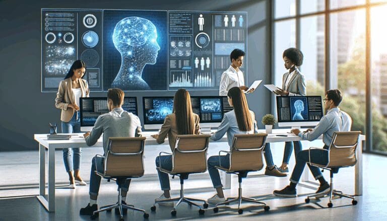 Grupo diverso de jóvenes profesionales trabajando frente a pantallas con gráficos de inteligencia artificial en una oficina moderna y luminosa.