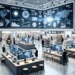 Fotografía de un entorno de retail moderno con pantallas digitales y dispositivos inteligentes, resaltando la innovación.