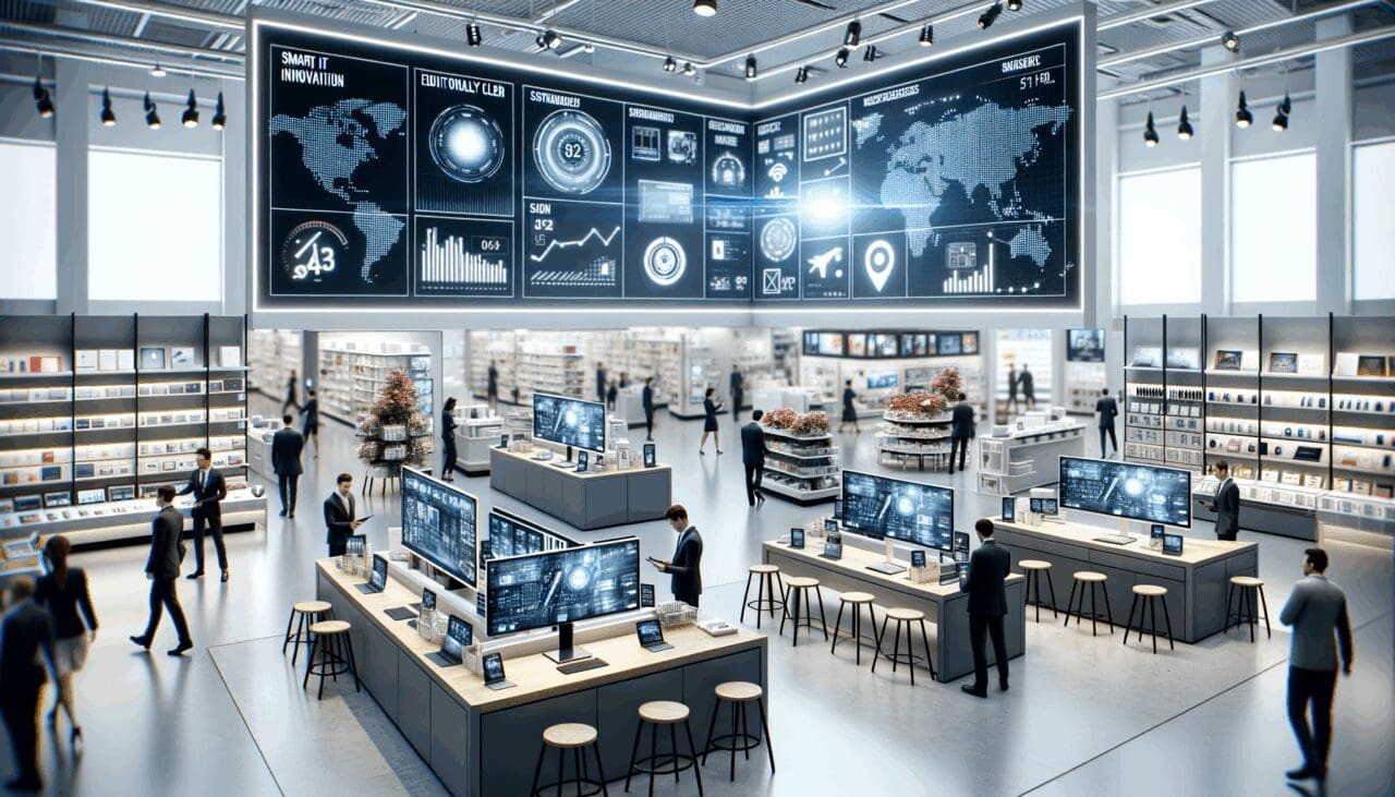Fotografía de un entorno de retail moderno con pantallas digitales y dispositivos inteligentes, resaltando la innovación.