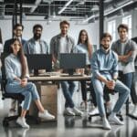 Equipo de jóvenes desarrolladores trabajando juntos en un espacio de oficina moderno con tecnología de punta.