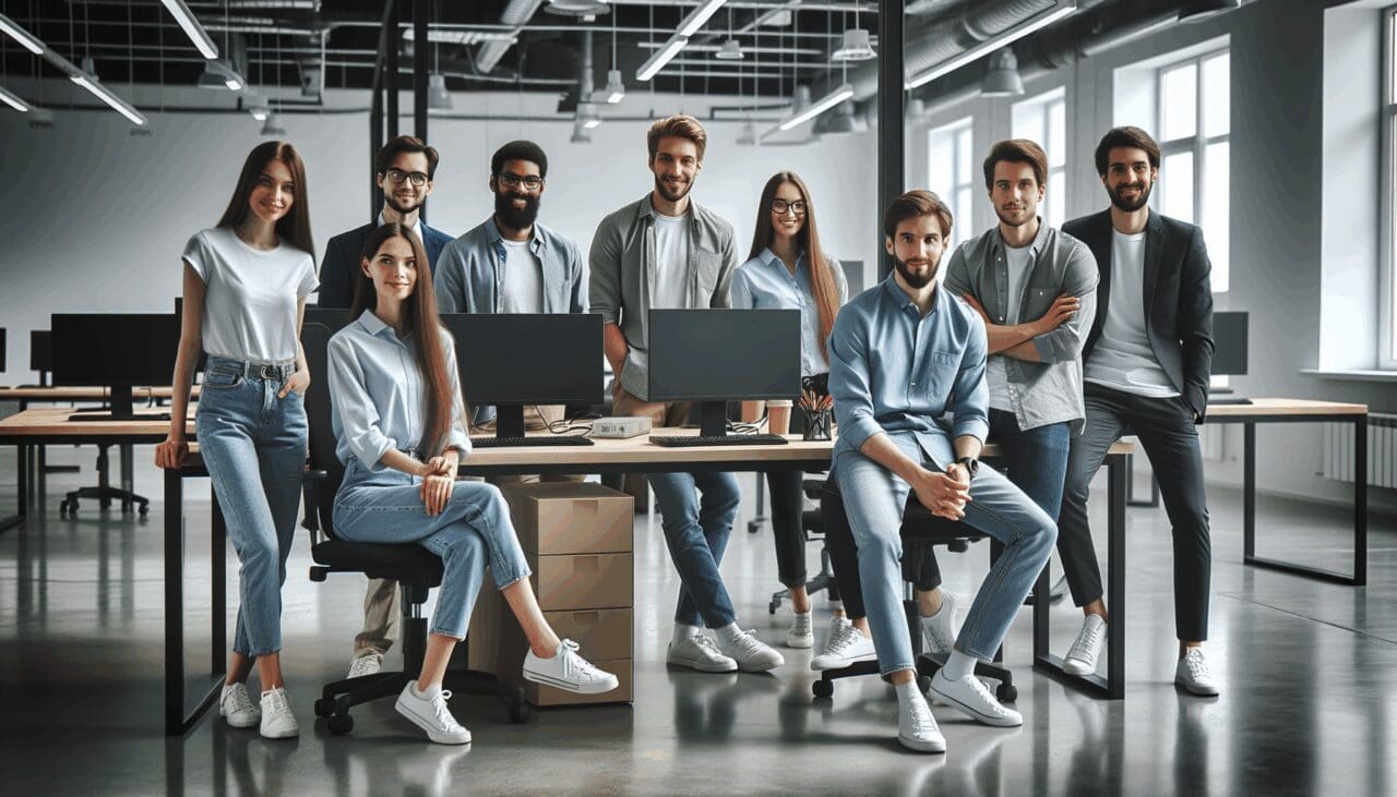Equipo de jóvenes desarrolladores trabajando juntos en un espacio de oficina moderno con tecnología de punta.