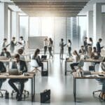 Oficinas modernas con jóvenes emprendedores trabajando juntos en laptops y pizarras.