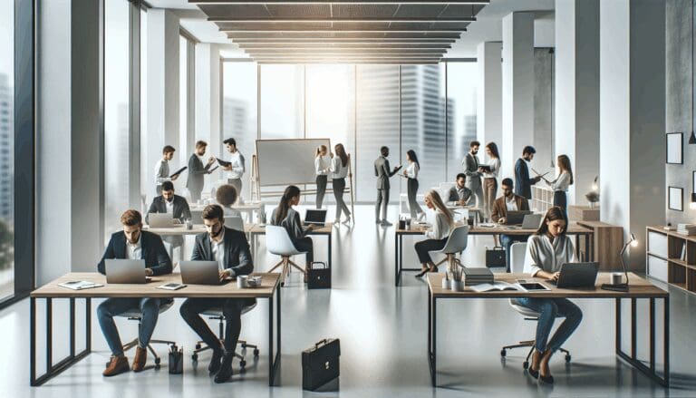 Oficinas modernas con jóvenes emprendedores trabajando juntos en laptops y pizarras.