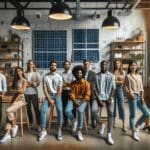 Equipo diverso de jóvenes fundadores en un entorno de trabajo luminoso con paneles solares y pizarras electrónicas.