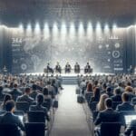 Auditorio moderno con emprendedores, inversionistas y líderes discutiendo tecnología en un evento corporativo.