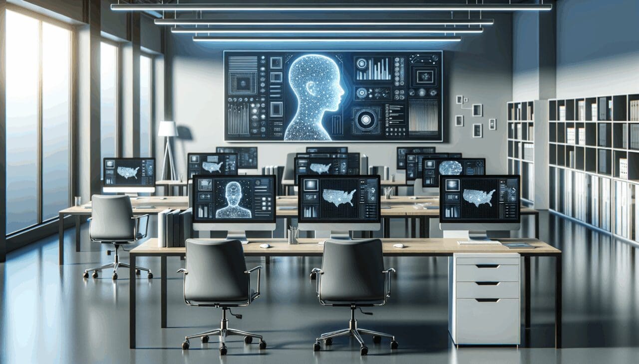Espacio de trabajo moderno con computadoras y pantallas que muestran datos de inteligencia artificial.