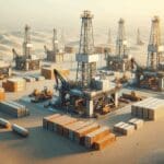 Plataformas petroleras en un paisaje semiárido con equipos tecnológicos y contenedores cerca, bajo cielo despejado.