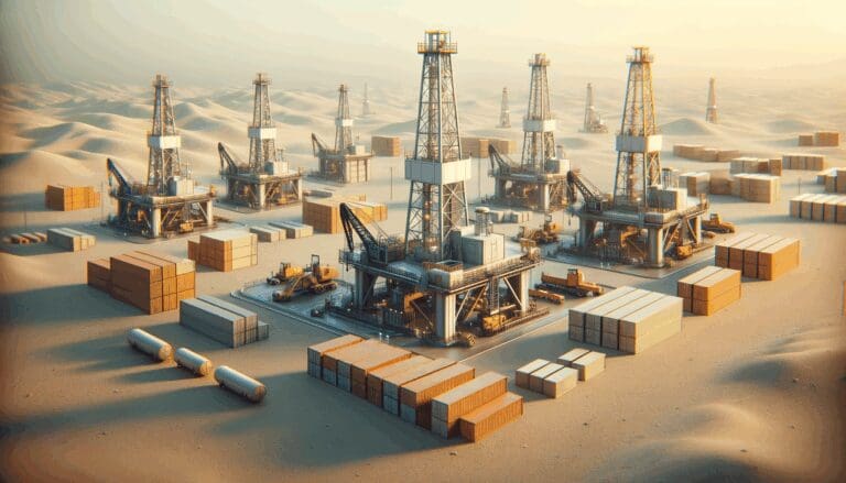 Plataformas petroleras en un paisaje semiárido con equipos tecnológicos y contenedores cerca, bajo cielo despejado.